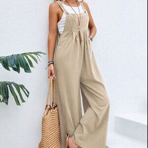 Khaki Button-Strap Pocket Wide-Leg Sleeveless Jumpsuit M